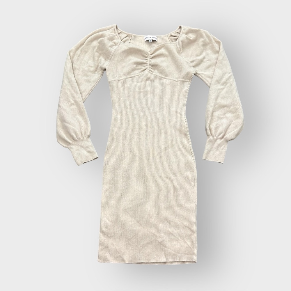 Willow & Wind Cream Balloon Sleeve Ribbed Sweater Dress